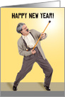 Happy New Year Funny Old Guy Play Guitar on Cane Humor card