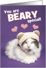 Happy Birthday For Anyone Funny White Cat in Bear Ears Humor card