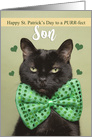 Happy St. Patrick’s Day Son Cute Black Cat in Green Bow Tie card