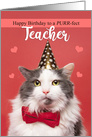 Happy Birthday Teacher Cute Cat in Party Hat and Bow Tie Humor card