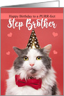 Happy Birthday Step Brother Cute Cat in Party Hat and Bow Tie Humor card