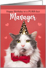 Happy Birthday Manager Cute Cat in Party Hat and Bow Tie Humor card