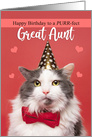 Happy Birthday Great Aunt Cat in Party Hat and Bow Tie Humor card