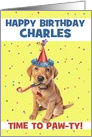 Happy Birthday Custom Name Cute Labrador Puppy in Party Hat card