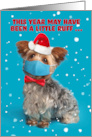 Merry Christmas Cute Yorkie Dog in Sant Hat and Face Mask Humor card