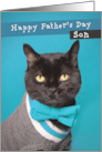 Happy Father’s Day Son Cute Cat in Sweater and Bow Tie Humor card