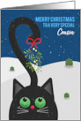 Merry Christmas Cousin Cute Cat WIth Mistletoe on Tail card