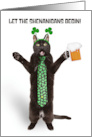 Happy St Patricks Day Funny Cat in Shamrock Tie Holding Beer Humor card