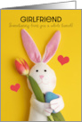 Happy Easter Girlfriend Cute Bunny Holding Tulip and Egg on Yellow card