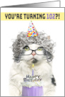 Happy Birthday 102nd Funny Old Lady Cat in Party Hat With Cake Humor card