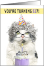 Happy Birthday 51st Funny Old Lady Cat in Party Hat With Cake Humor card