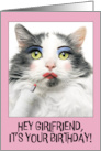 Happy Birthday Girlfriend Funny Cat Putting on Lots of Make Up Humor card