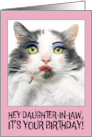 Happy Birthday Daughter In Law Funny Cat Putting on Lots of Make Up card