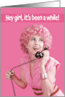 Hello It’s Been a While Thinking of You 1970s Retro Woman on Old Phone card