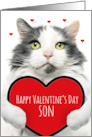 Happy Valentines Day Son Cute Cat Holding Big Heart Humor card