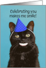 Happy Birthday For Anyone Funny Cat With Human Smile in Party Hat card
