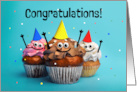 Congratulations For Anyone Three Happy Cupcakes Celebrating Humor card