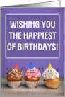 Happy Birthday For Anyone Cute Cupcakes in Party Hats Purple Humor card