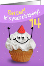 Happy 14th Birthday Cute Cupcake Character in Party Hat Humor card