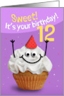 Happy 12th Birthday Cute Cupcake Character in Party Hat Humor card