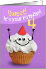 Happy 4th Birthday Cute Cupcake Character in Party Hat Humor card