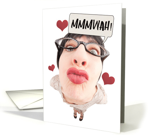 Nerdy Woman Sending Love and Kisses and Laughter on Birthday card