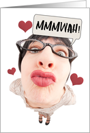 Nerdy Woman Sending Love and Kisses and Laughter on Birthday card