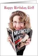 Happy Birthday Girl Woman Reading Muscle Magazine card