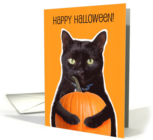 Happy Halloween Black Cat Holding Pumpkin card (1528118)