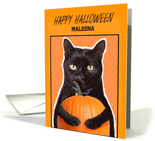 Happy Halloween Custom Name Cute Black Cat with Pumpkin Humor card
