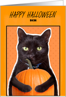 Happy Halloween Son Cute Black Cat with Pumpkin Humor card