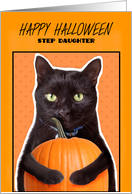 Happy Halloween Step Daughter Cute Black Cat with Pumpkin Humor card
