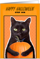 Happy Halloween Step Son Cute Black Cat with Pumpkin Humor card