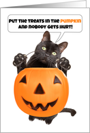 Happy Halloween Black Cat Threatening for Treats Humor card