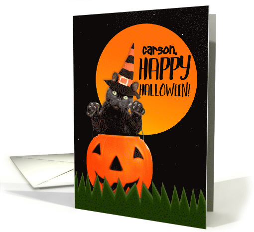 Happy Halloween Custom Name Cute Black Cat in Pumpkin card (1542436)