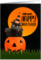 Happy Halloween Custom Name Cute Black Cat in Pumpkin card
