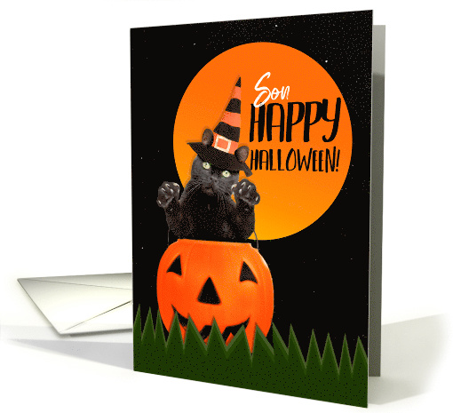 Happy Halloween Son Cute Cat Jumping From Pumpkin card (1542700)