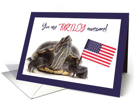 Happy Veteran's Day Turtle Holding US Flag Humor card (1543590)