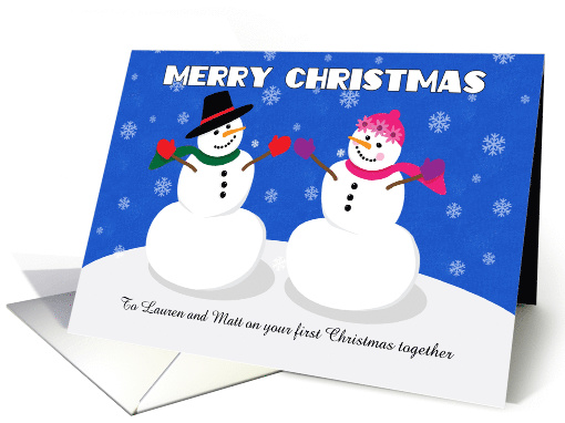 Merry First Christmas Together Custom Name Cute Couple Snowman card