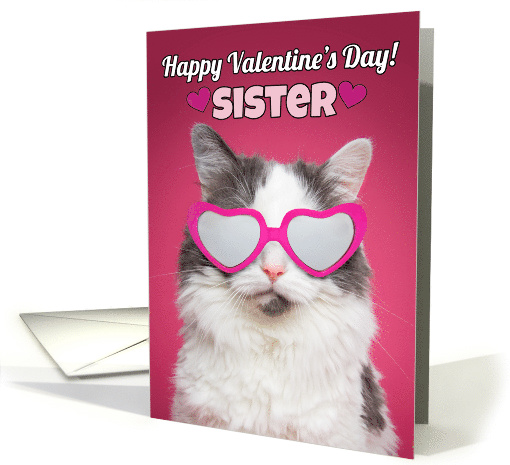 Happy Valentine's Day Sister Cute Cat in Heart Sunglasses card