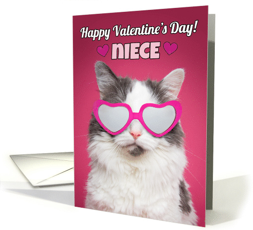 Happy Valentine's Day Niece Cute Cat in Heart Sunglasses card