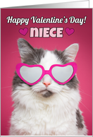 Happy Valentine’s Day Niece Cute Cat in Heart Sunglasses card