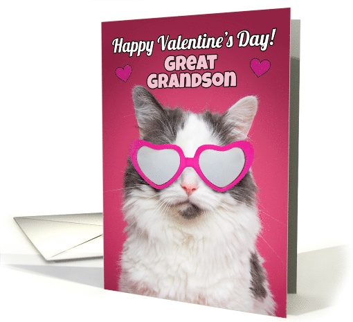 Happy Valentine's Day Great Grandson Cute Cat in Heart Sunglasses card