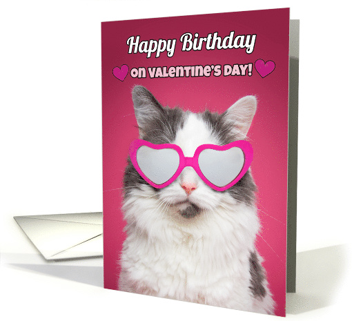 Happy Birthday on Valentine's Day Cute Cat in Heart Glasses card