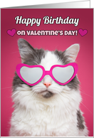 Happy Birthday on Valentine’s Day Cute Cat in Heart Glasses card