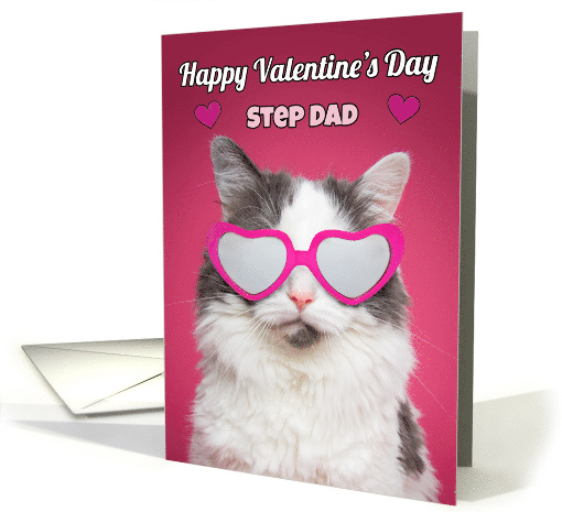 Happy Valentine's Day Step Dad Cute Cat in Heart Sunglasses card