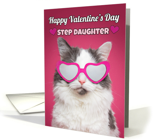 Happy Valentine's Day Step Daughter Cute Cat in Heart Sunglasses card
