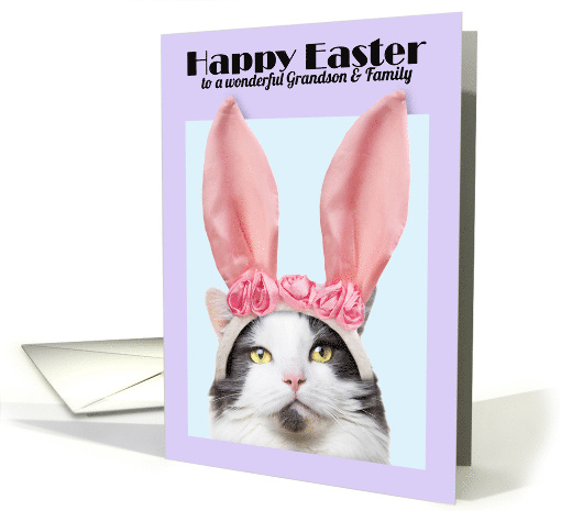 Happy Easter Grandson & Family Funny Cat in Bunny Ears card (1554034)