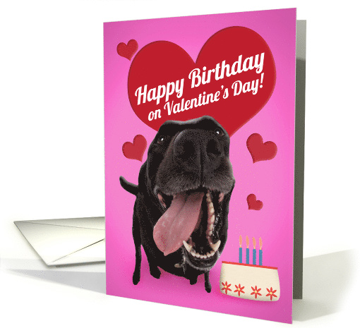 Happy Birthday on Valentine's Day Cute Dog With Cake card (1555174)