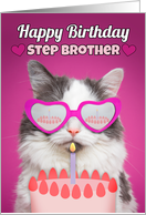 Happy Birthday Step Brother Cute Cat With Birthday Cake Humor card